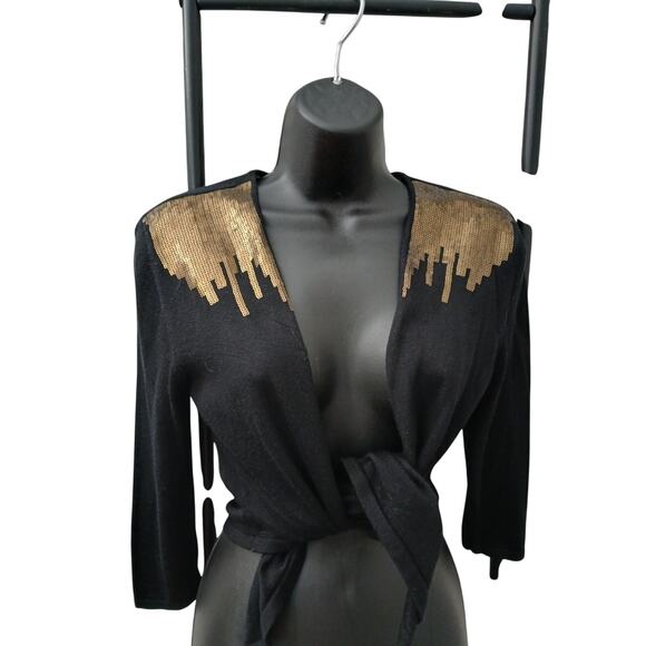Peter Nygard Petite Black & Gold Sequins Cardigan /Wrap Style Cotton Blend XS - Picture 1 of 11